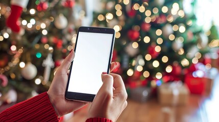 Festive mobile browsing in front of christmas tree with twinkling lights..Mock up. Copy space