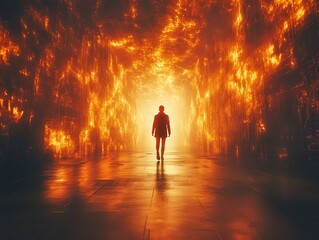 Fototapeta premium A lone figure walks towards a bright light at the end of a tunnel engulfed in flames.