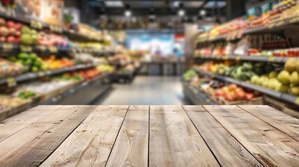 Fototapeta premium Wooden table with blurred supermarket aisle background.