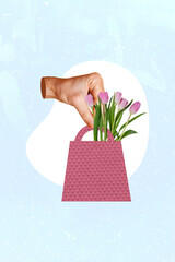 Vertical poster collage 3d hand body fragment shopping bag flowers store florist bouquet surprise bunch tulips blossom bloom gift