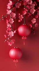 Fototapeta premium Elegant red lanterns and cherry blossoms on a vibrant red background.