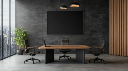 A modern office space featuring a wooden desk, two chairs, a large screen, and a plant by the window, showcasing a minimalistic and professional environment.