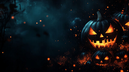 Naklejka premium Elegant Halloween banner, copy space, dark black theme with Jack-o'-lantern