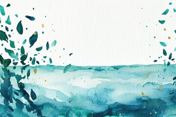 Watercolor wave and leaf pattern, white isolated background.