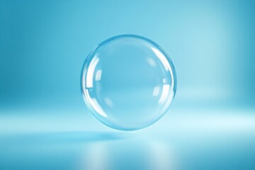 Transparent sphere soap bubble floating on blue background with copy space for serene and minimalist design