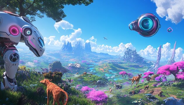 Whimsical 3D rendered landscape with colorful cartoon characters and buildings,  against a bright blue sky.