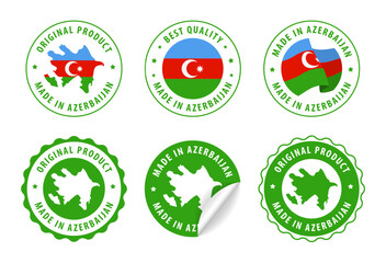 Azerbaijan - set of stamps and stickers with map and flag. Made in. Best quality. Original product. Vector illustration.