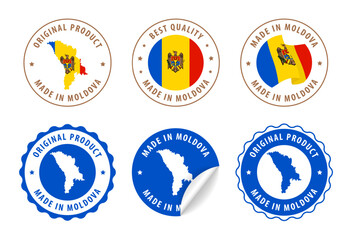 Moldova - set of stamps and stickers with map and flag. Made in. Best quality. Original product. Vector illustration.