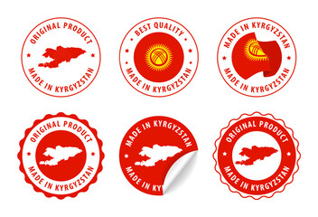 Kyrgyzstan - set of stamps and stickers with map and flag. Made in. Best quality. Original product. Vector illustration.