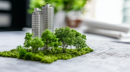 Miniature buildings and trees on a blueprint symbolize sustainable urban planning.
