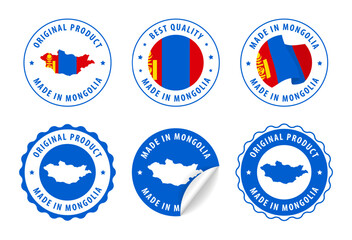 Mongolia - set of stamps and stickers with map and flag. Made in. Best quality. Original product. Vector illustration.