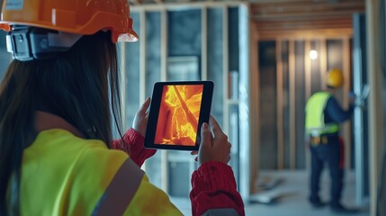 Inspector uses infrared camera to assess heat efficiency in building construction.