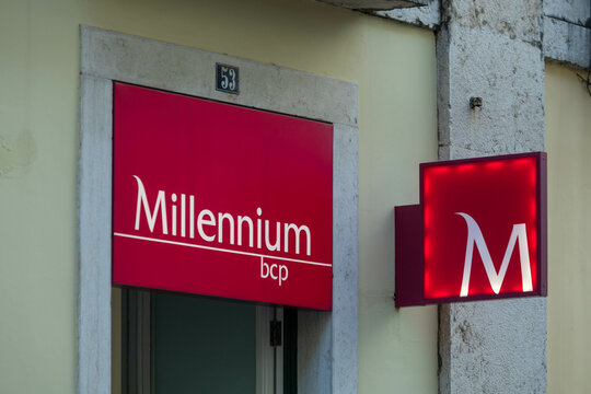 Millennium bcp logo sign. Portuguese Commercial Bank founded in 1985 and is the country's largest private bank. Lisbon, Portugal. 7 December 2023. 