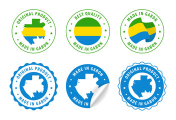 Gabon - set of stamps and stickers with map and flag. Made in. Best quality. Original product. Vector illustration.