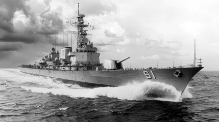 A black and white photo of a US Navy destroyer cutting through the water with a large wake 