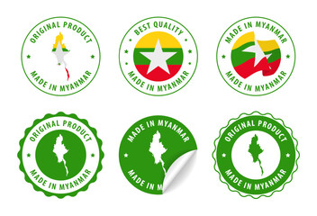 Myanmar - set of stamps and stickers with map and flag. Made in. Best quality. Original product. Vector illustration.