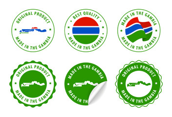 Gambia - set of stamps and stickers with map and flag. Made in. Best quality. Original product. Vector illustration.