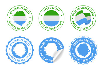 Sierra Leone - set of stamps and stickers with map and flag. Made in. Best quality. Original product. Vector illustration.
