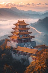 Obraz premium A Chinese-style building, located on the top of Mountains in China, with floors and golden roofs, during autumn season with autumn foliage. During a beautiful sunset, surrounded by sea of clouds.