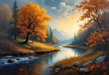 Fototapeta premium Beautiful view of autumn forest by the river at morning. Autumn background illustration. 
