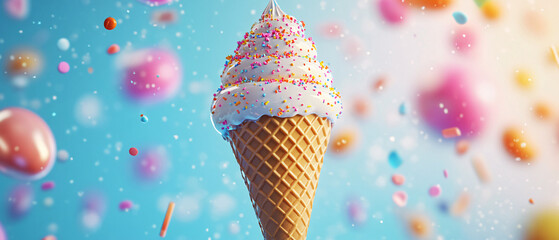 Delicious Ice Cream Cone with Sprinkles and Confetti on a Blue Background, Delicious Ice Cream Cone with Sprinkles and Confetti on a Blue B