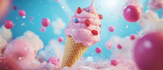 Pink Ice Cream Cone with Sprinkles and Strawberries in Whimsical Setting, Pink Ice Cream Cone with Sprinkles and Strawberries in Whimsical