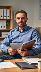 Portrait of serious caucasian man psychologist sitting in armchair at the workplace, holding a folder with papers for notes isolated with white highlights, png