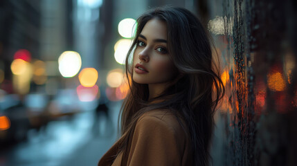 Woman in the city at night