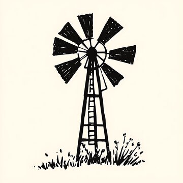 Hand-drawn sketch of a windmill with blades spinning in the wind, a ladder on the side, and grass at the base.