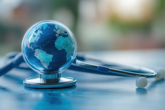 A stethoscope and globe symbolize global health awareness and care in a medical setting