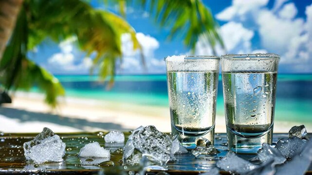 Two shot glasses of vodka or white rum on a bar counter on the beach of a tropical island. Sea waves in background.