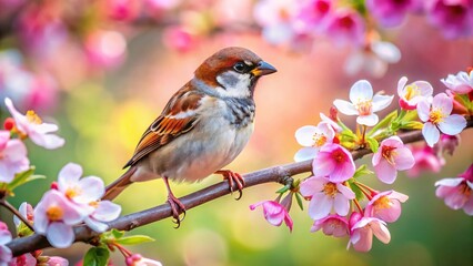 Fototapeta premium Abstract Small Bird Perched on Blooming Tree Branch in Macro Photography