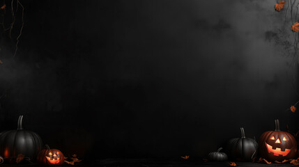 Elegant Halloween banner, copy space, dark black theme with Jack-o'-lantern