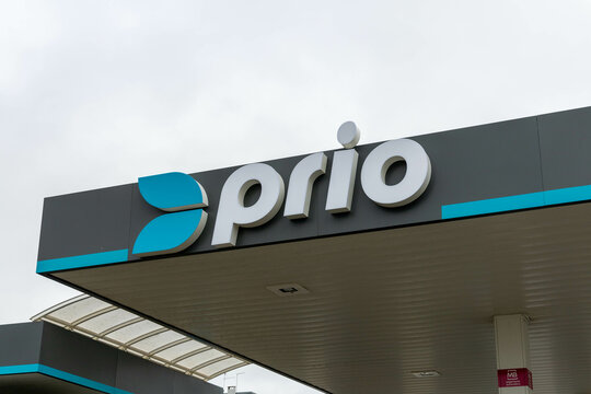Prio gas station logo sign on the canopy. PRIO operates in Portugal and Spain, has about 250 stations all across Portugal. Lisbon, Portugal. 11 December 2023. 
