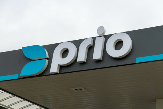 Prio gas station logo sign on the canopy. PRIO operates in Portugal and Spain, has about 250 stations all across Portugal. Lisbon, Portugal. 11 December 2023. 