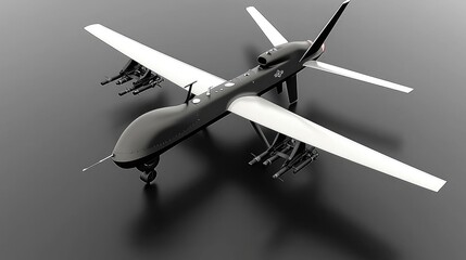 A black drone with white wings and missiles attached to its underside is positioned on a gray background.