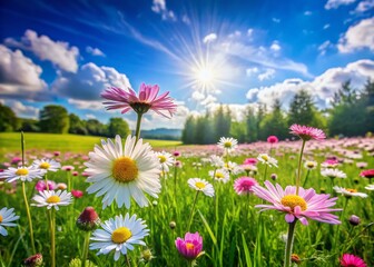 Abstract Spring Background of Pink Chamomile Flowers in a Lush Meadow for Creative Concepts