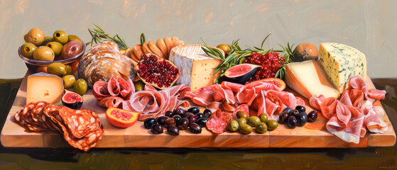 Front view of the wooden platter with variety of fresh meats and cheeses, ham and salami