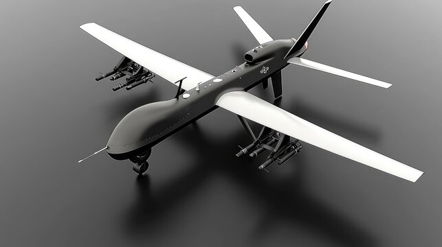A black drone with white wings and missiles attached to its underside is positioned on a gray background.