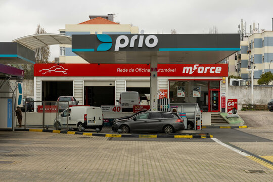 Prio gas station logo sign on the canopy. PRIO operates in Portugal and Spain, has about 250 stations all across Portugal. Lisbon, Portugal. 11 December 2023. 