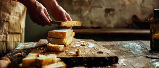 Close up person cutting a loaf of artisan cheese on wooden cutting board