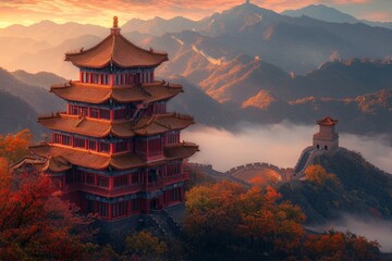 Obraz premium A Chinese-style building, located on the top of Mountains in China, with floors and golden roofs, during autumn season with autumn foliage. During a beautiful sunset, surrounded by sea of clouds.