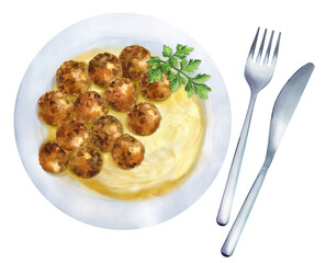 Meatballs and mashed potatoeson white plate. Watercolor illustration