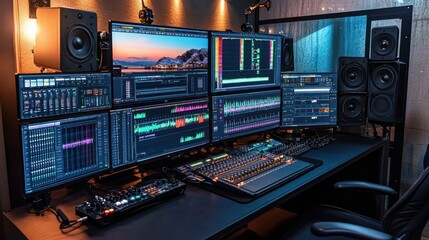 Audio editing setup with multiple screens mixing equipment music production