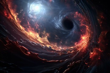 A detailed image of a black hole with a luminous event horizon surrounded by stars and galaxies. Atmospheric background of outer space.