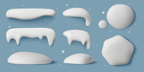 3d snow caps, icicles, snowdrifts, piles and snowballs collection on a blue background. Minimal elements for winter frames, backgrounds and buttons design. Vector illustration.