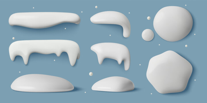 3d snow caps, icicles, snowdrifts, piles and snowballs collection on a blue background. Minimal elements for winter frames, backgrounds and buttons design. Vector illustration.