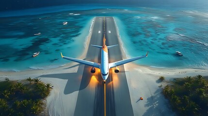Obraz premium An airplane taxis down a runway on a tropical island with blue water surrounding it.