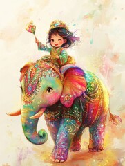 Whimsical Ride: Child and Rainbow Elephant in Chinese Style