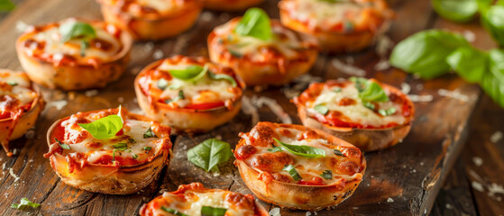 Close up plate of mini pizzas with basil on top